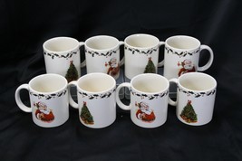 Christmas Tree Holly Santa Stoneware Mugs  Lot of 8  Xmas - $21.55