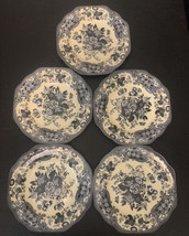 5 Spode Archive Collection Blue Rose 9&quot; Plates Cream Yellow, Black &amp; Gray - $75.99