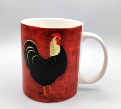 Warren Kimble Rooster Coffee Mug Stoneware Black &amp; White Rooster Red Background - £6.84 GBP