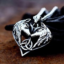 Stainless Steel Viking Two Wolves w. Trinity Knot Pendant Necklace Men&#39;s Jewelry - £13.15 GBP