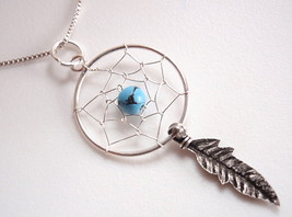Turquoise Dream Catcher Pendant 925 Sterling Silver Sacred Feather - £6.48 GBP
