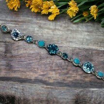 Faux Turquoise Aqua Rhinestone Bracelet Tennis Beachy Silver Tone Coastal Blingy - $16.82