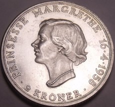 Large Rare Unc Silver Denmark 1958 2 Kroner~Margrethe&#39;s 18th Birthday~Fr... - $62.67