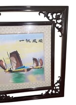 Vintage Asian Landscape Framed Art Sailing Boats Ornate Wood Frame 32.75” image 4