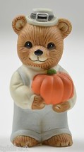 Homco Bear Dressed In Blue Bibs & Top Hat Holding A Pumpkin Figurine Collectible - $7.84