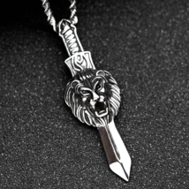 Men Silver Animal Lion Head Sword Pendant Necklace Punk Rock Jewelry Chain 24&quot; - £9.45 GBP