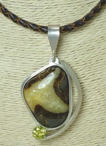 Utah Septarian Cabochon Gemstone Sterling Pendant with Braided Leather Cord - £75.93 GBP