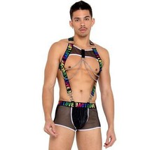 Rainbow LOVE Print Suspender Harness Chains Sheer Fishnet Trunks Set Pri... - $67.49
