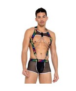 Rainbow LOVE Print Suspender Harness Chains Sheer Fishnet Trunks Set Pri... - £53.07 GBP