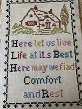 VINTAGE HAND STITCHED SAMPLER &quot;HERE LET US LIVE LIFE AT ITS BEST&quot; Coloni... - £28.95 GBP