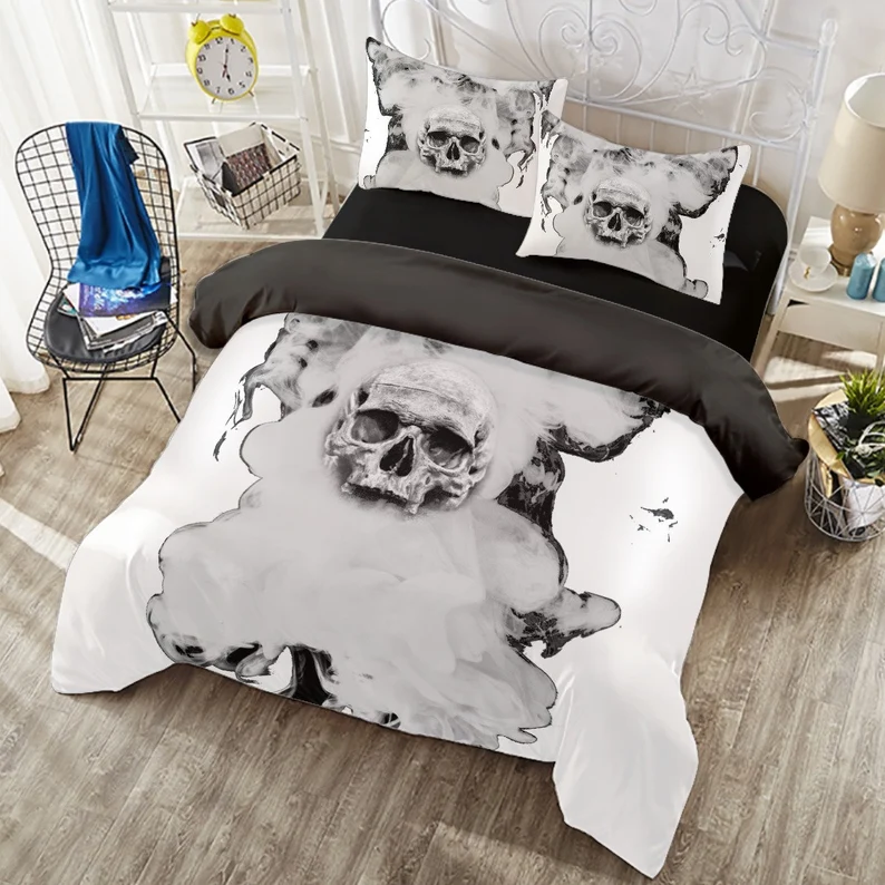 Skull and Smoke 4 Piece Duvet Set-Skull Bed Cover-Gothic Skull Bed Cover-Skull R - £55.94 GBP
