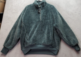 Express Sweatshirt Womens XS Green Teddy Bear Fleece Pockets Oversized 1/4 Zip - £20.75 GBP