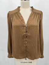 Current Air Smocked Button Up Shirt Sz S Gold Long Sleeve Blouse Ruffle - £19.29 GBP