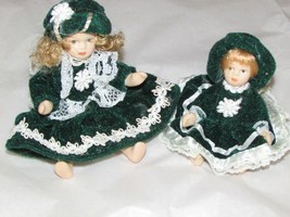 DOLLS 2 miniature porcelain green velvet dress hat white lace 3.5 &amp; 5&quot; (... - £6.22 GBP