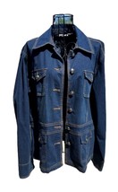 CHICO&#39;S Platinum Long Sleeve Blue Denim Jacket with Brass LOGO Buttons SZ LG - £36.15 GBP