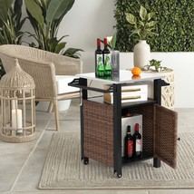 Brown Outdoor Wicker Rolling Bar Cart - Stainless Steel Top &amp; Storage - $4,249.72 MXN