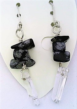 Snowflake Obsidian Gemstone Nuggets And Crystal Silver Wire Earrings - $4.98