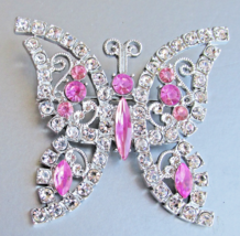 Pretty Vintage Silver Tone Pink Rhinestone BUTTERFLY Brooch Pin - $19.75