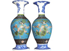 c1870 Japanese Cloisonne Over Blue/White Porcelain Vases Pair 8.5&quot; Totai... - £860.48 GBP