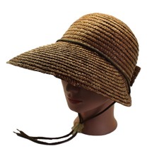 Women&#39;s 100% Straw Brown Wide Brim Sun Hat w/Bow And Adjustable Neck Tie - £11.53 GBP