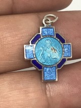 Vintage Sterling Silver Blue Enamel Doubled Sided Jesus &amp; Holy Mother MaryCross - £27.54 GBP