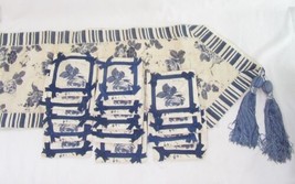 Rose Floral Blue Beaded Silk Blend 15-PC Table Runner and Coaster Set - $74.00