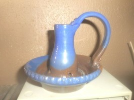 Candle Holder with Handle Clay Pottery Glaze BLUE &amp; BROWN Vintage Handmade Taper - £17.92 GBP