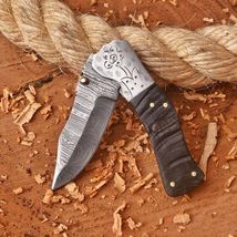 Damascus Folding Skinner Blade Pocket Knife Hunting Tactical Ram Horn Ha... - $31.67