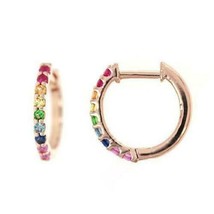 Classic Multi Colour Rainbow Sapphire Huggies Hoop Earring 14k Rose Gold Over - £87.51 GBP