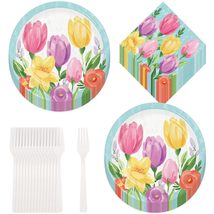 Blue Pastel Spring Tulip Blooms Floral Paper Dinner Plates, Lunch Napkins, and F - £17.61 GBP