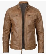 Tall Cut Camel Brown Biker Quilted Street Style Outerwear Leather Jacket... - $139.99+