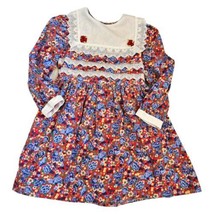 Vintage 90s Girls Size 6 Floral Bib Party Dress Red Blue Lace Longsleeve USA - £29.77 GBP