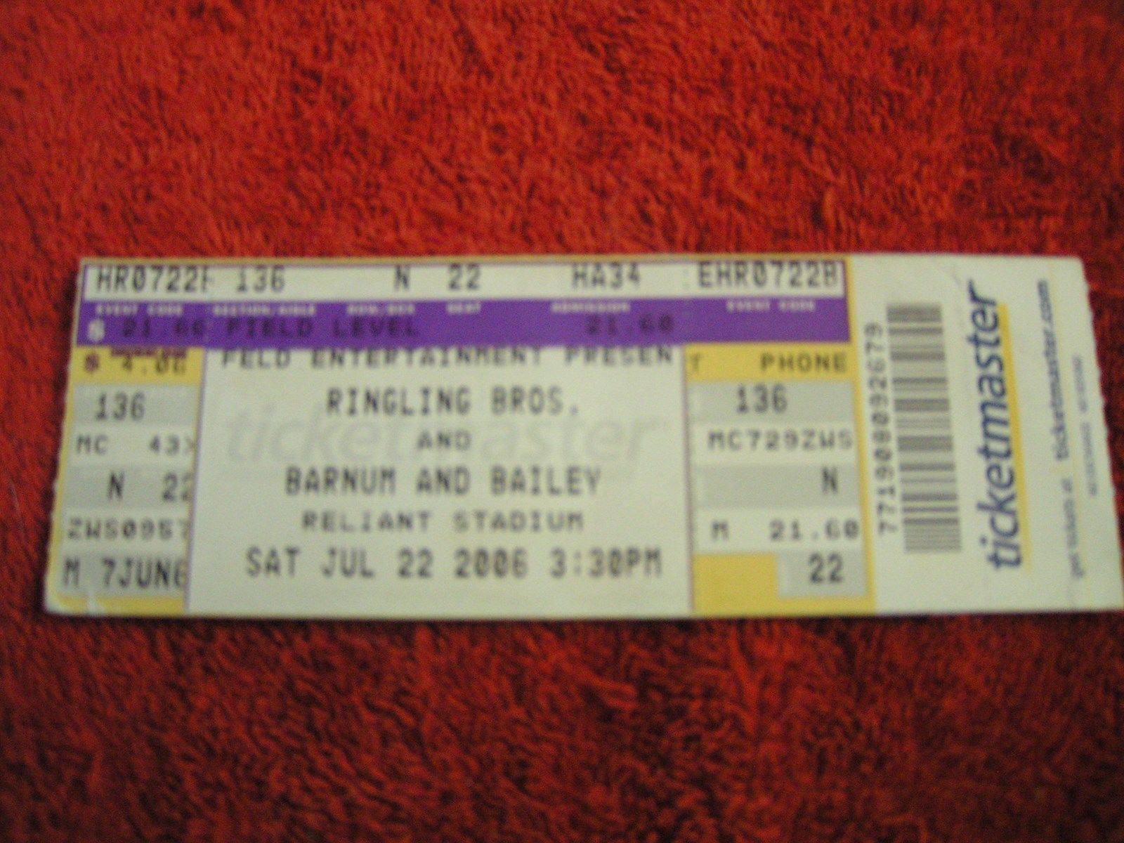Primary image for Ringling Brothers & Barnum Bailey Circus Reliant Stadium TX 7/22/06 Ticket Stub