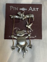 Vintage Spoontiques JJ Jonette Pewter Cat on a Swing Bird Brooch Pin - $7.16