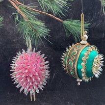 2 Vintage Handmade Satin Push Pin Beaded Christmas Ornaments Pink and Green - £9.49 GBP