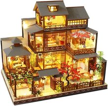 Japanese Villa Wooden DollHouse 3-Story1:24 DIY Miniature Furniture LED Lights - £78.01 GBP
