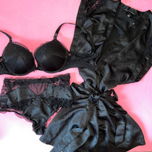Victoria&#39;s Secret 36C,36DD BRA SET+M high-waist Panty+ROBE satin Black l... - $197.99