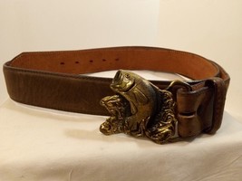 Vintage Leather Justin Belt Strap with BTS Big Mouth Bass Belt Buckle 70&#39;s-80&#39;s - £49.61 GBP