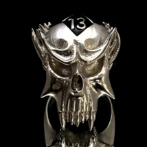 Sterling silver Biker ring 13 symbol with Black enamel on Vampire Skull high pol - £86.49 GBP