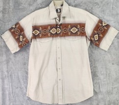 Mens Shirt Large Beige Brown Tribal Southwestern Cowboy Pearl Snap Short Sleeve - £30.02 GBP
