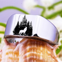 Wolf Howling in Forest Ring Classic Mens 12mm Concaved Silver Tungsten Wedding B - £31.47 GBP
