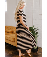 Black Stripe Casual Round Neck T-shirt Maxi Dress with Pockets - $29.60 CAD