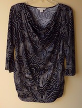 Laura Ashley Black silver gold polka dot 3/4 sleeve knit stretch shirt size M - £14.55 GBP