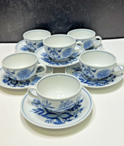 6 Hutschenreuther Selb Bavaria Blue Onion Cups and Saucers Smooth Rim - $61.38