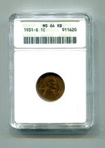 1931-S Lincoln Cent Penny Anacs Ms 64 Rb Red / Brown Nice Original Coin - £211.82 GBP