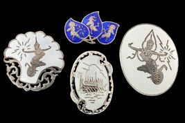 Gorgeous Sterling Silver Siam Niello Enamel Brooch Set of 4 - £194.69 GBP