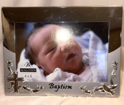 Picture Frame Baptism Metal Silver Birds Tabletop 4" x 5" Baby Religious Malden - $12.86