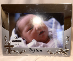 Picture Frame Baptism Metal Silver Birds Tabletop 4&quot; x 5&quot; Baby Religious Malden - £10.27 GBP