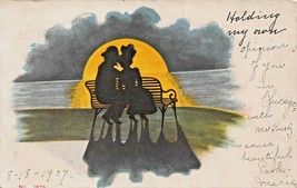 HOLDING MY OWN~ROMANTIC SILHOUETTED COUPLE-MOONLIGHT BENCH~1907 PSTMK PO... - $3.19