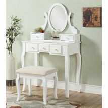 White Wooden 3 pc Vanity Set Oval Mirror Table Stool Makeup Drawer Bedroom Desk - £330.44 GBP